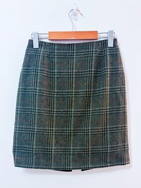 DANIEL HECHTER Khaki Plaid Wool Skirt | Classic Office | Small